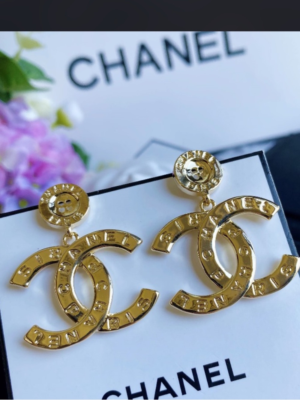 Double C Designer Gold Tone Letter Logo Button Dangle Earrings